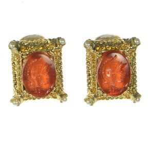 Vintage Kenneth Jay Lane KJL Pearl & Gold Carved Earrings